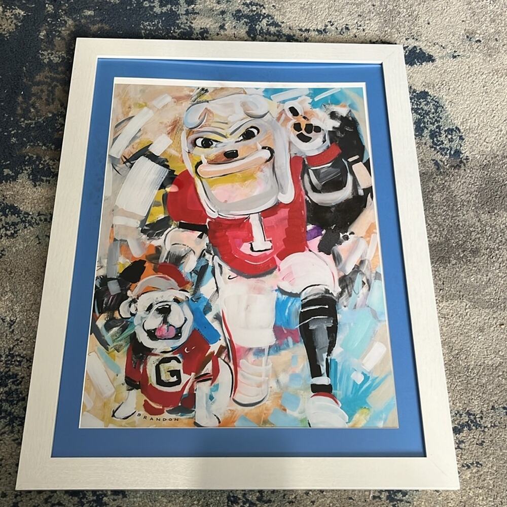 Georgia Bulldogs framed print with blue mat 20" wide 26" height clear plastic